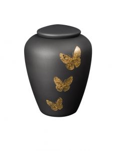 Urna cinzas de vidro de cristal antracite mate com borboletas de ouro