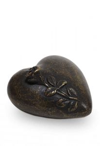 Mini urna funerária em bronze 'Coração com ramo de rosa'
