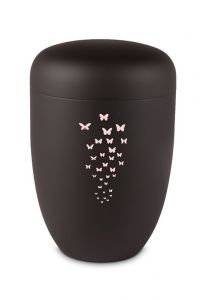 Urna para cinzas em metal preto com borboletas