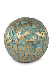 Mini urna funerária em bronze esfera verde com motivo dourado